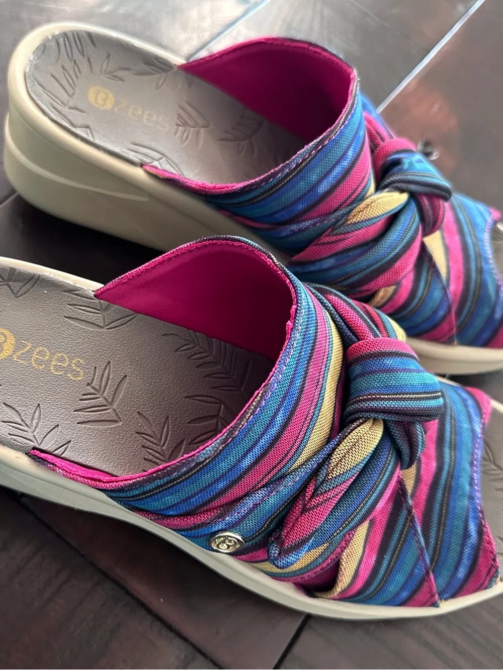 Bzees Striped Knot Slide Sandals - Blue, Pink, Gold